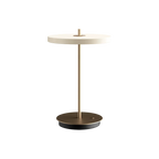 Cordless rechargeable LED table lamp, brass base, in pearl white