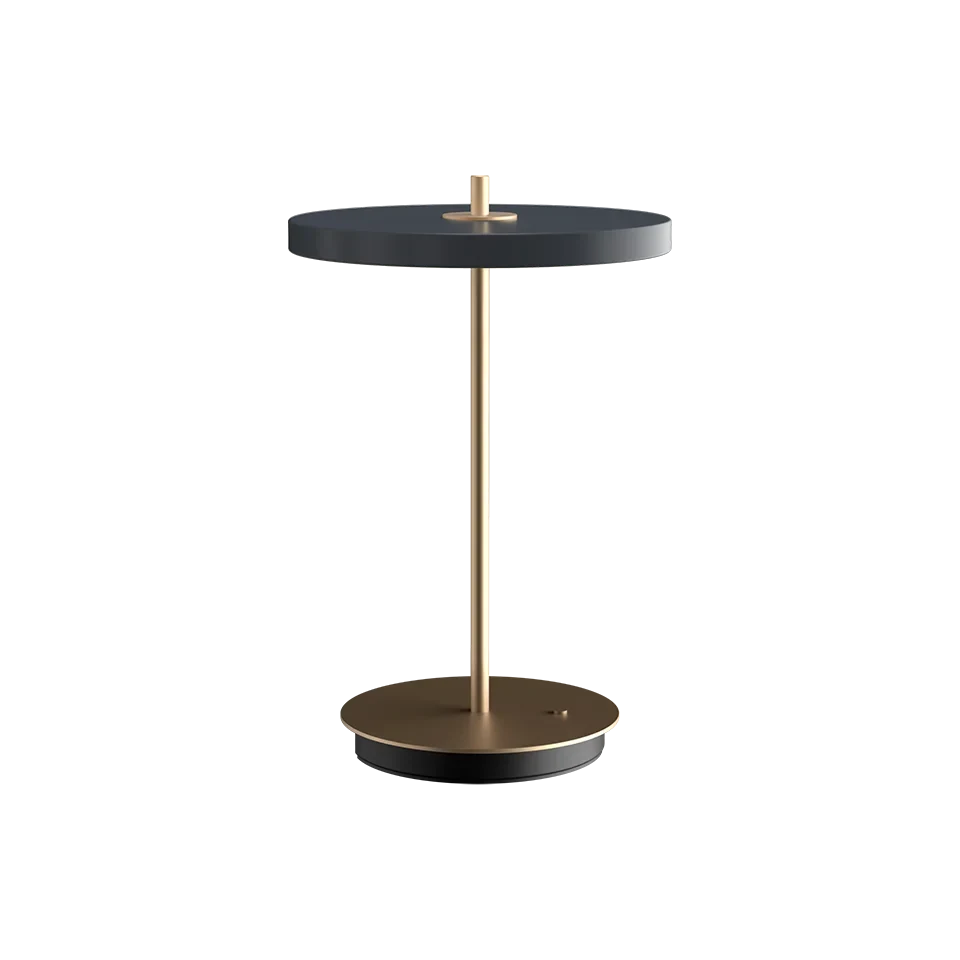 Cordless rechargeable LED table lamp, brass base, in anthracite grey