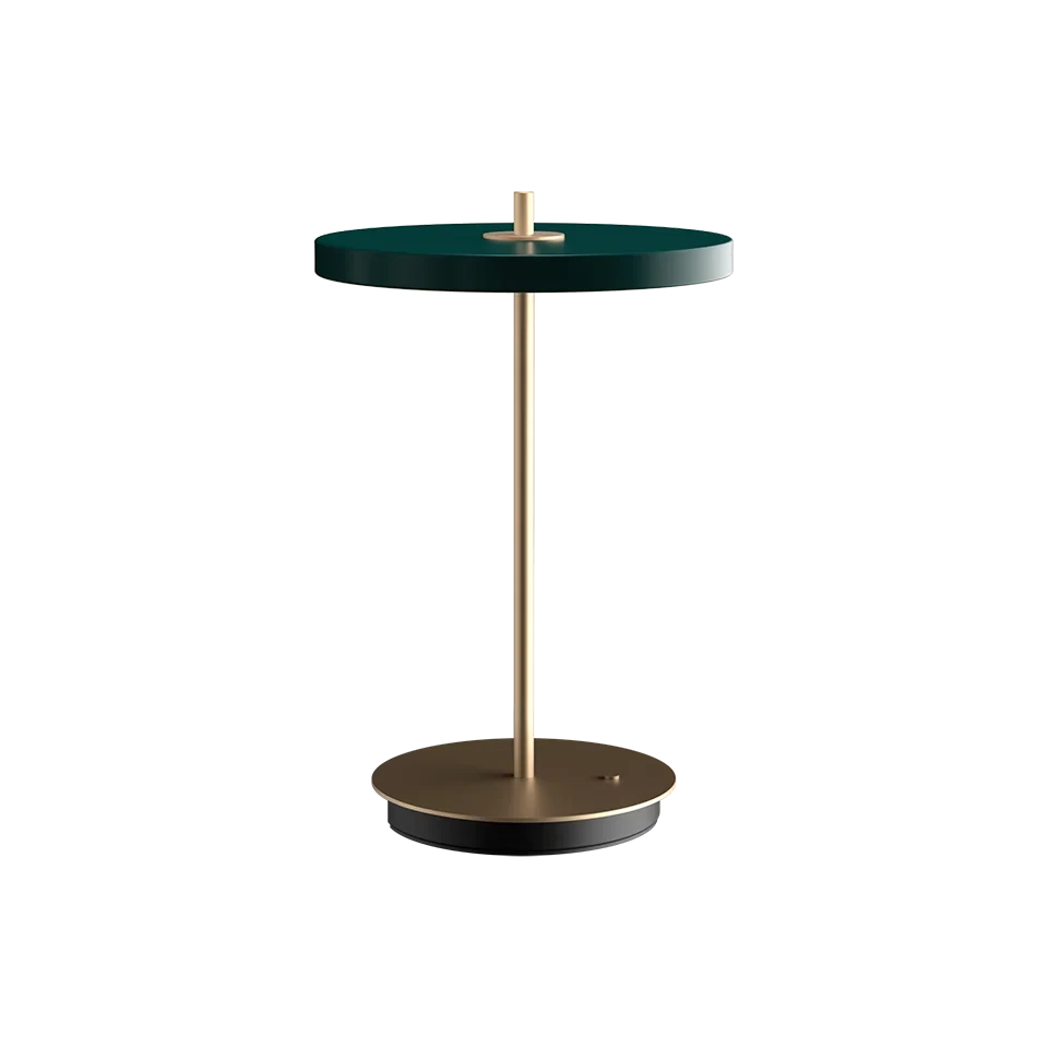 Cordless rechargeable LED table lamp, brass base, in forest green