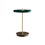 Cordless rechargeable LED table lamp, brass base, in forest green