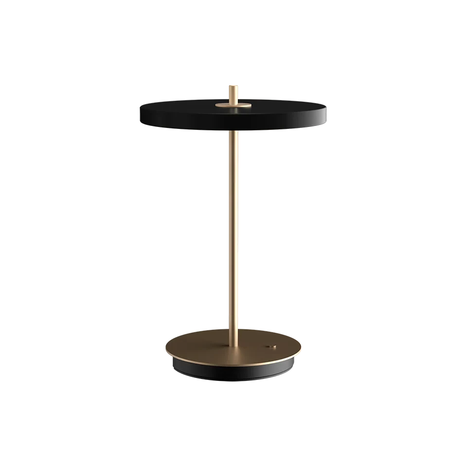 Cordless rechargeable LED table lamp, brass base, in black