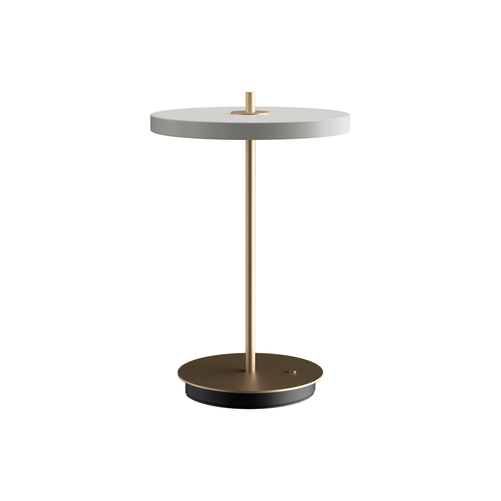 Cordless rechargeable LED table lamp, brass base, in mist