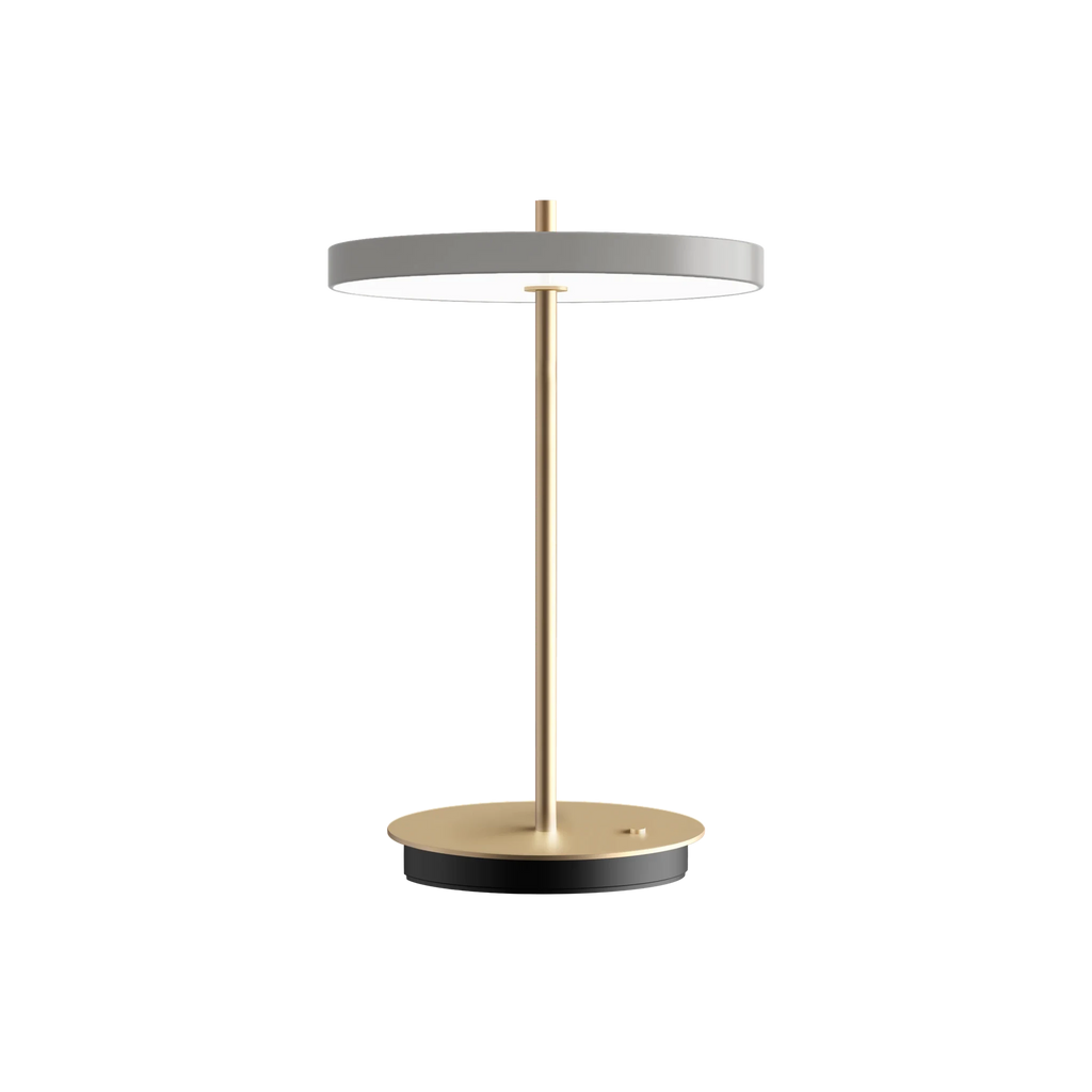 Cordless rechargeable LED table lamp, brass base, in mist, front view