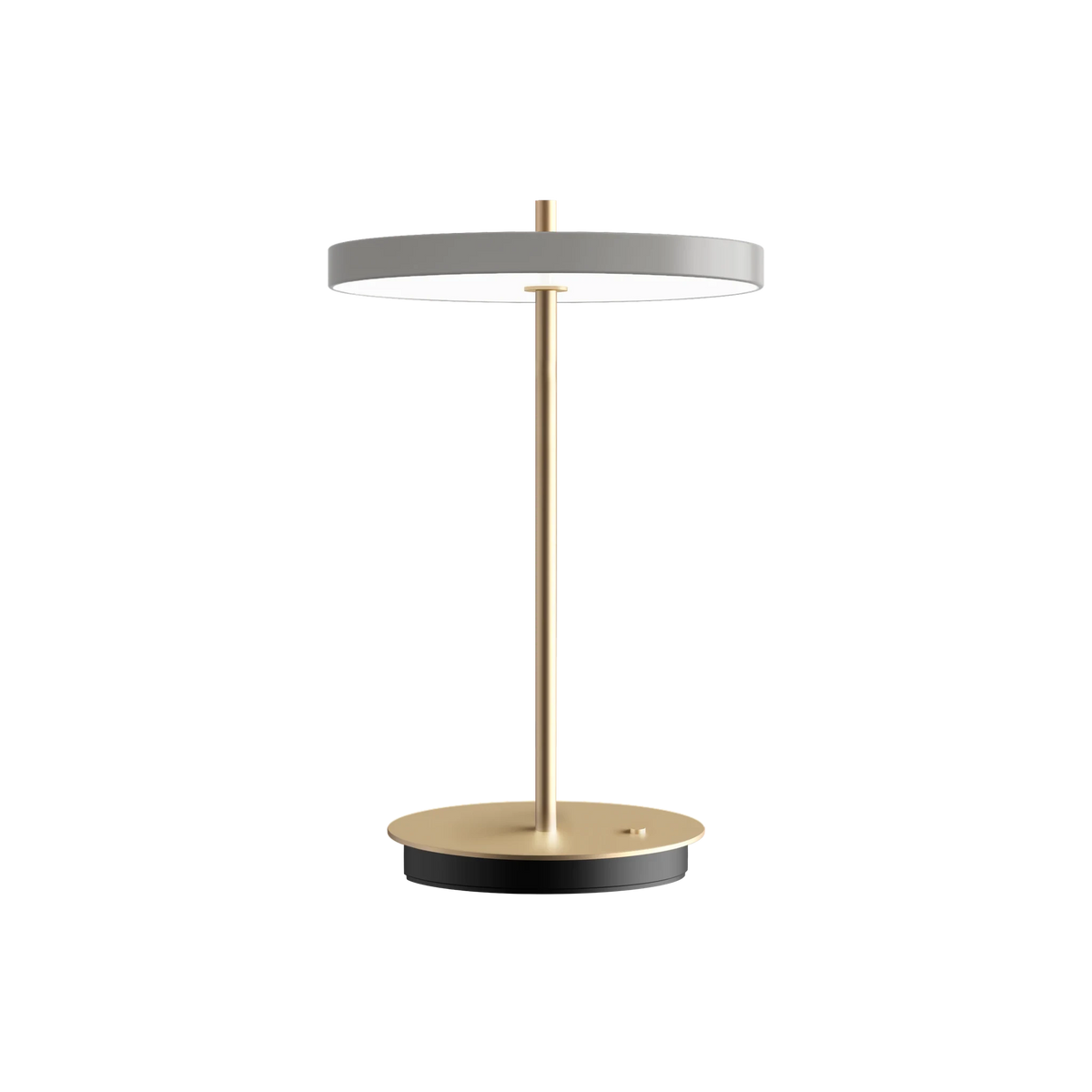 Cordless rechargeable LED table lamp, brass base, in mist, front view