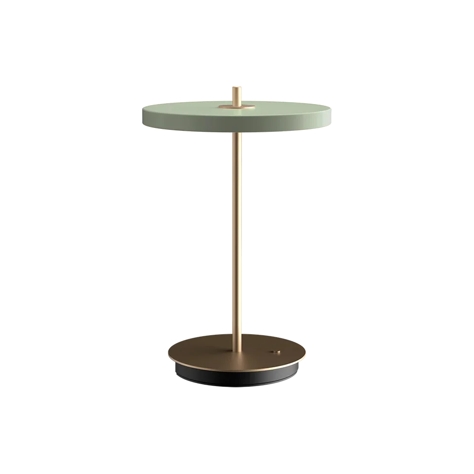 Cordless rechargeable LED table lamp, brass base, in olive