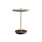 Cordless rechargeable LED table lamp, brass base, in olive