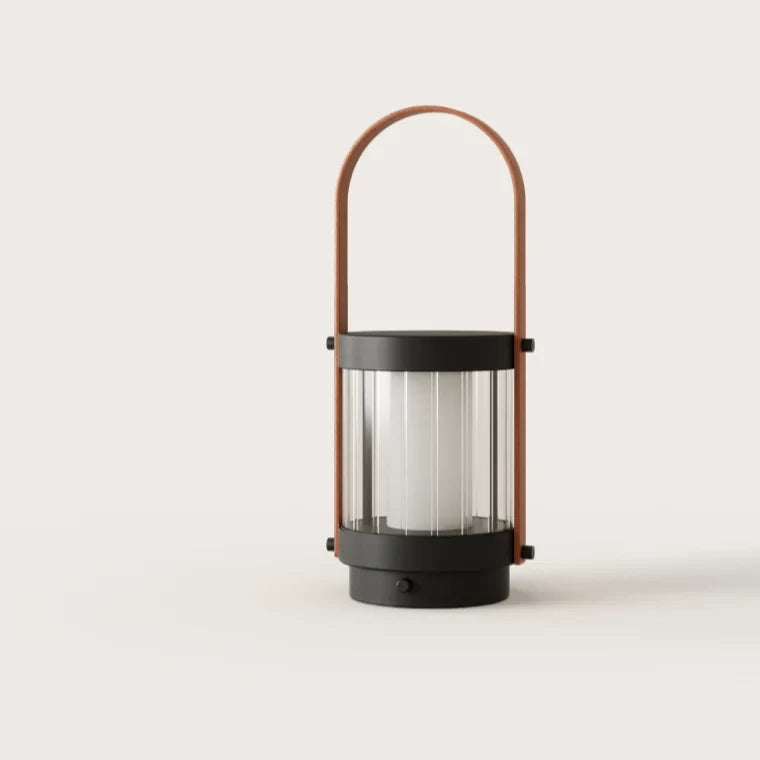 Cordless striped glass lantern lamp, lit, front view