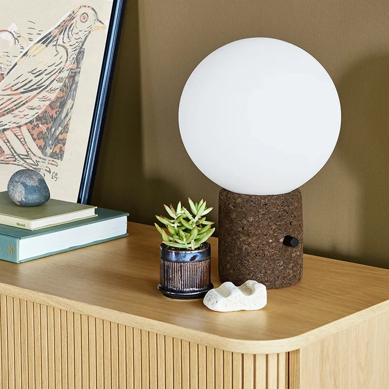 Cork table lamp, glass globe shade, on a sideboard beside plants