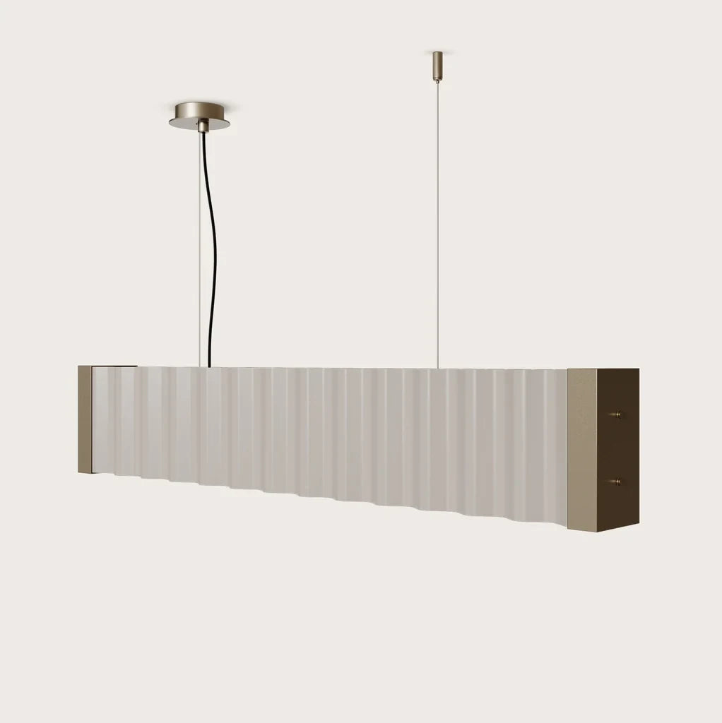 Corrugated linear bar pendant, with pale sheets on a plain background