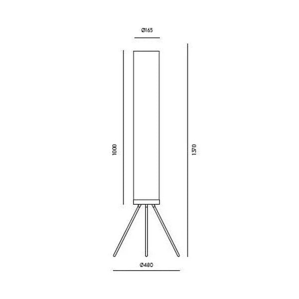 Cream linen tube floor lamp with black tripod base, dimension drawing