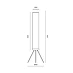 Cream linen tube floor lamp with black tripod base, dimension drawing