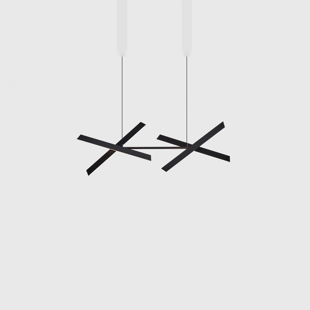 Crossed bar linear LED pendant, in black, bars angled