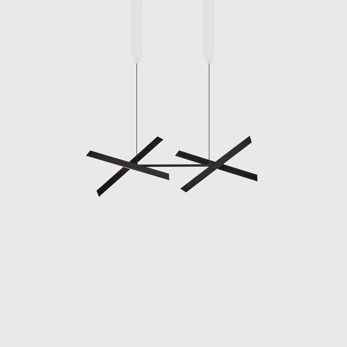 Crossed bar linear LED pendant, in black, bars angled