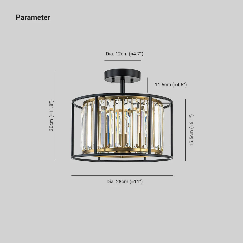 Crystal drum semi-flush ceiling light in black and brass, with its dimensions