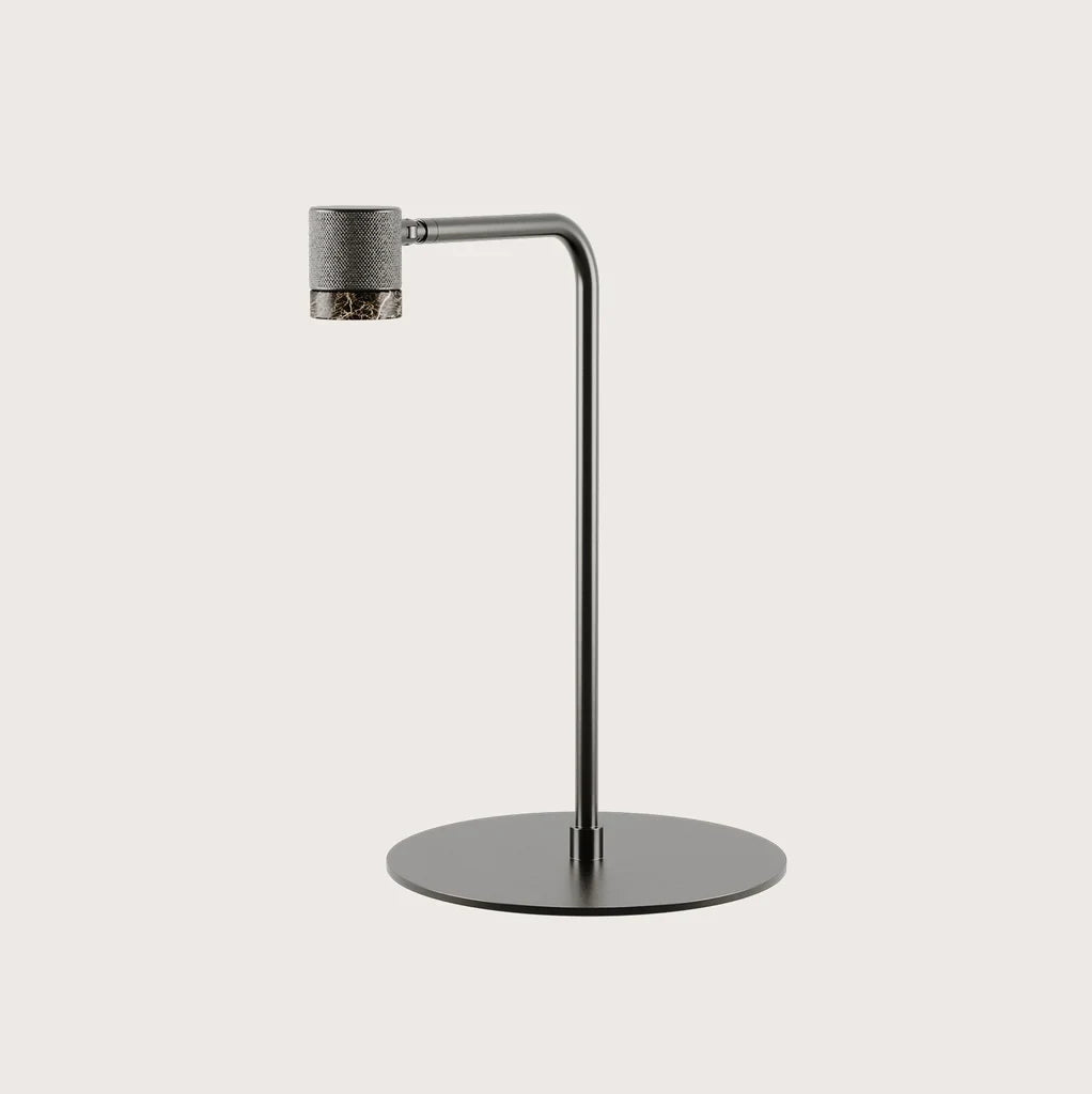 Curved-arm LED reading table lamp, in a grey metal finish, on a round base
