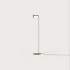 Curved-arm task floor lamp, with a matte brass head, on a plain background