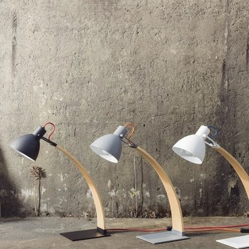 Curved beech arm steel table lamp, in Black, Grey and White