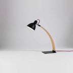 Curved beech arm steel table lamp, in Black, side view