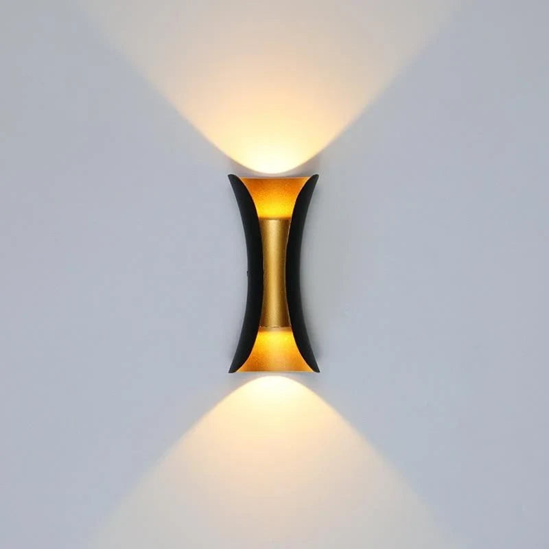Curved up and down outdoor wall light, Black and gold, Small, 6W, Warm White