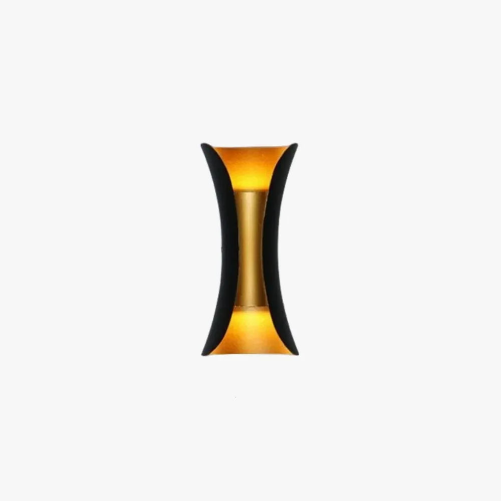 Curved up and down outdoor wall light, in black and gold