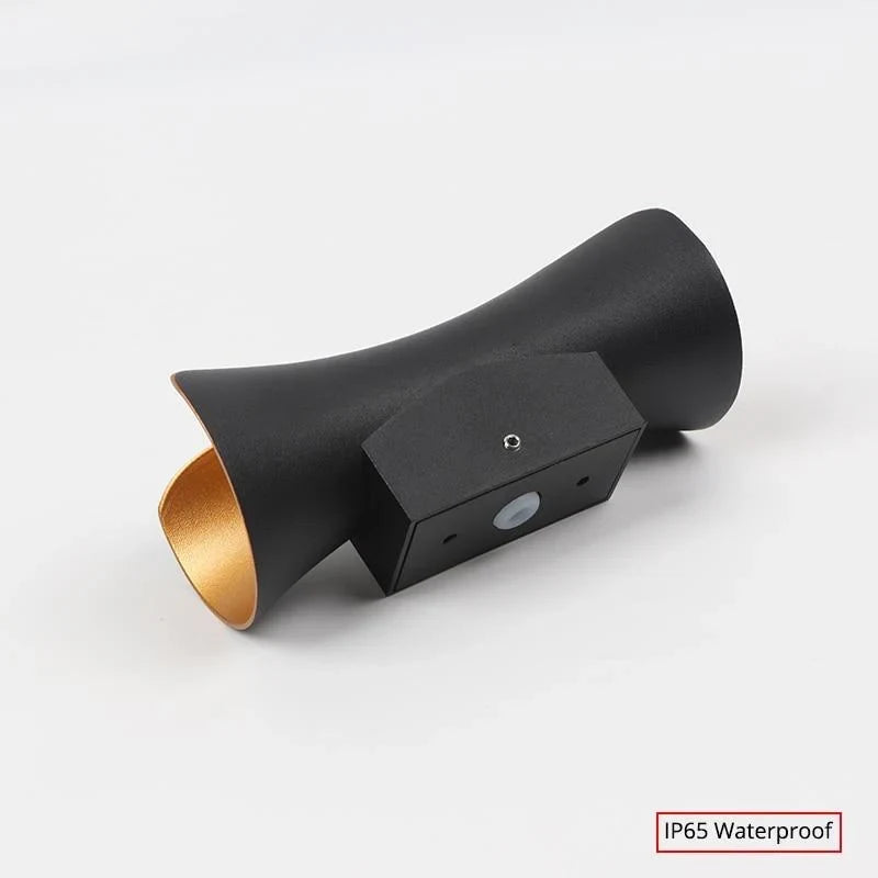 Curved up and down outdoor wall light, side view