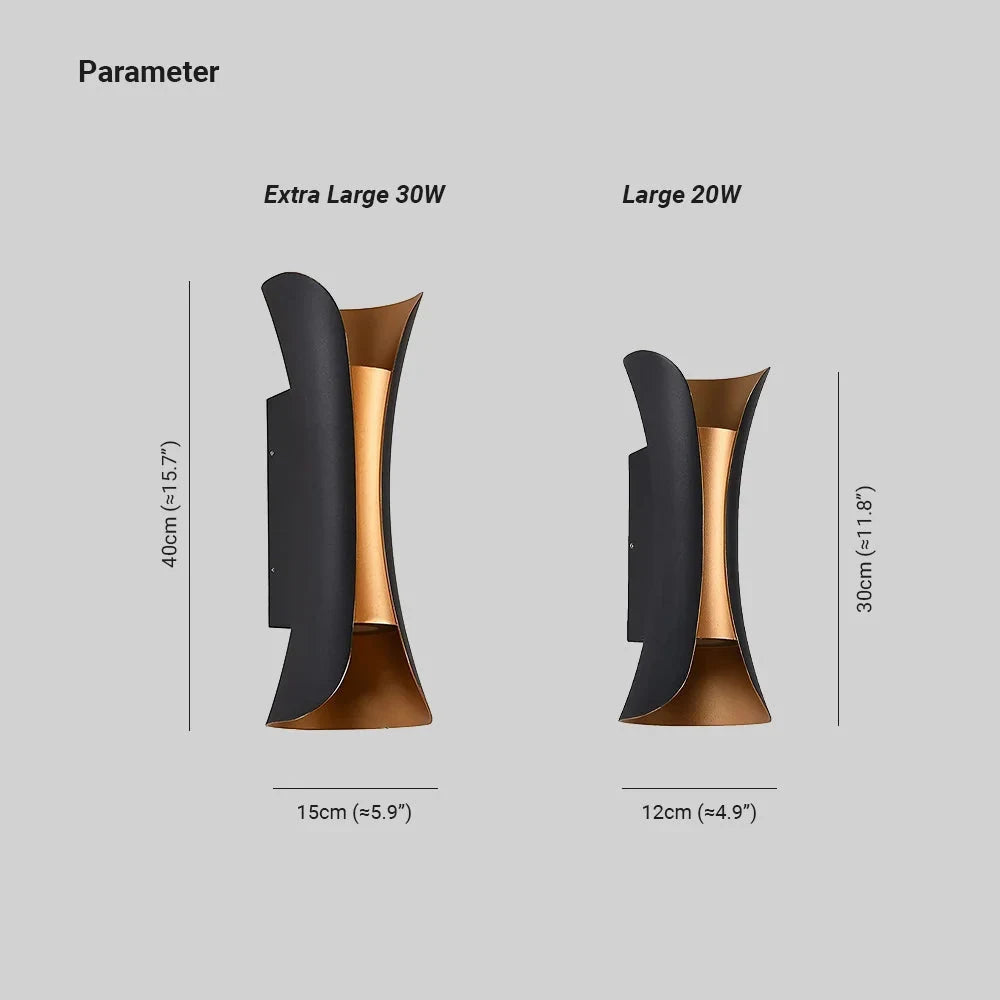 Curved up and down outdoor wall light, large sizes with measurements
