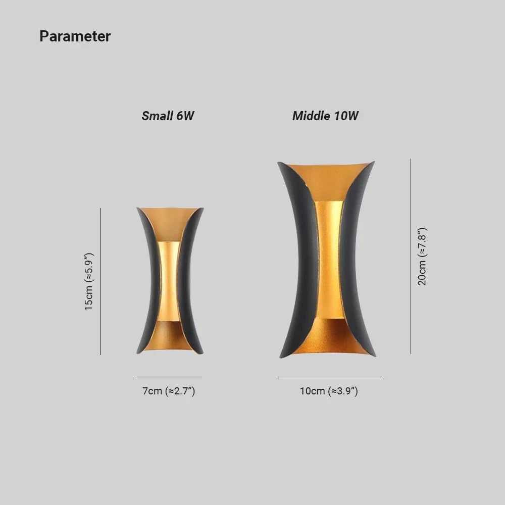 Curved up and down outdoor wall light, small sizes with measurements