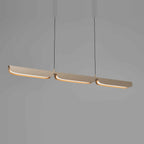 Curved shade linear LED pendant, in oatmeal, lit