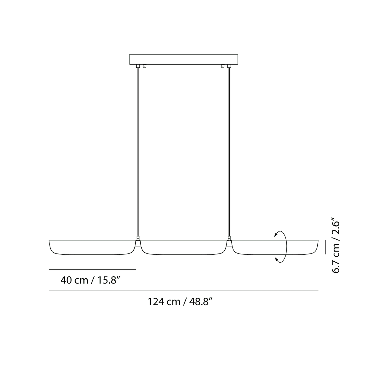 Curved shade linear LED pendant, with measurements