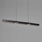 Curved shade linear LED pendant, in black, lit