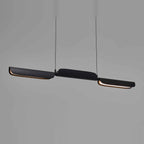 Curved shade linear LED pendant, in black, shades turned