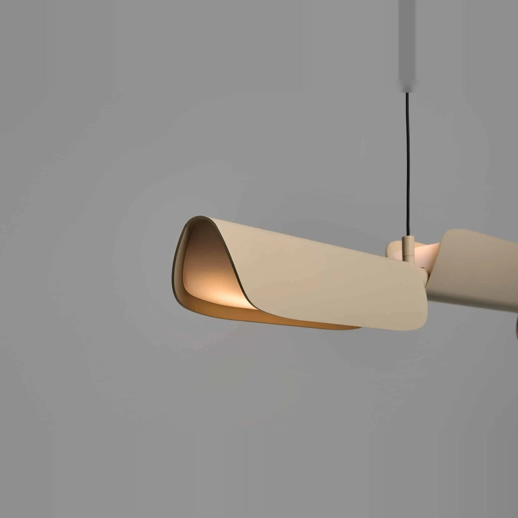 Curved shade linear LED pendant, close-up of a curved shade
