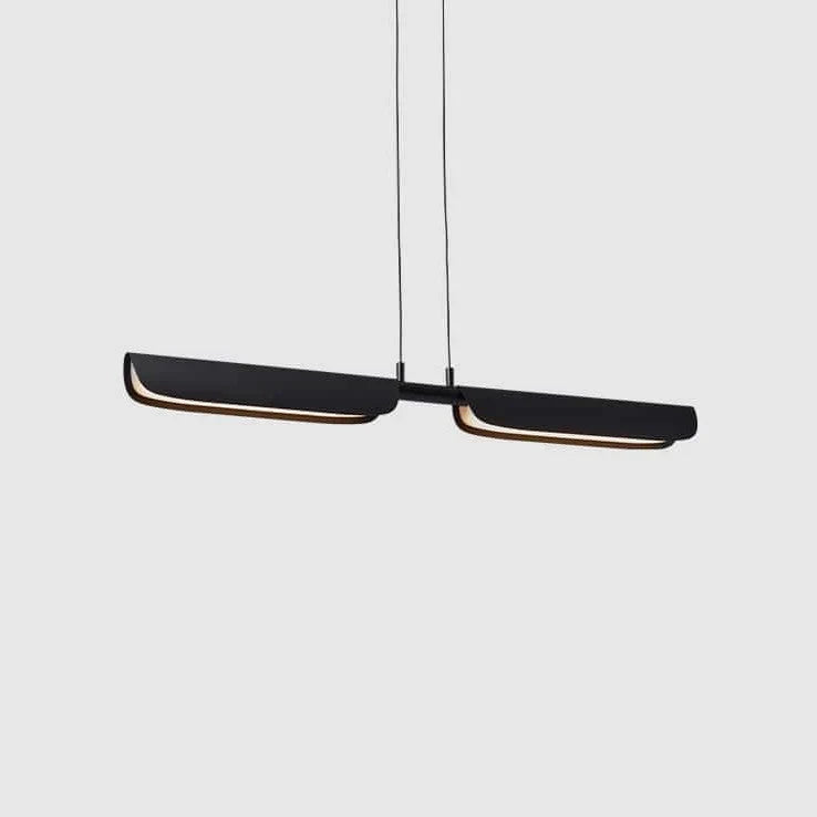 Curved shade linear LED pendant, in black, side view