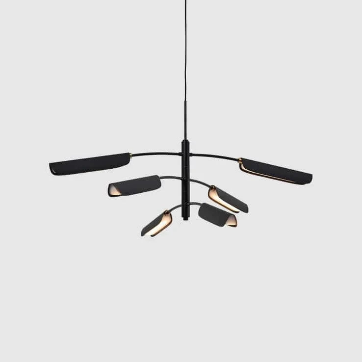 Curved shade six-arm LED pendant, in black, side view