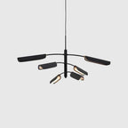 Curved shade six-arm LED pendant, in black, side view