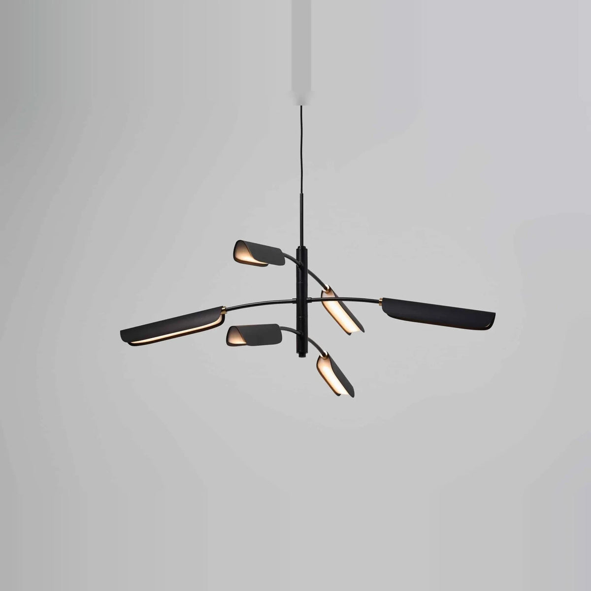 Curved shade six-arm LED pendant, lit