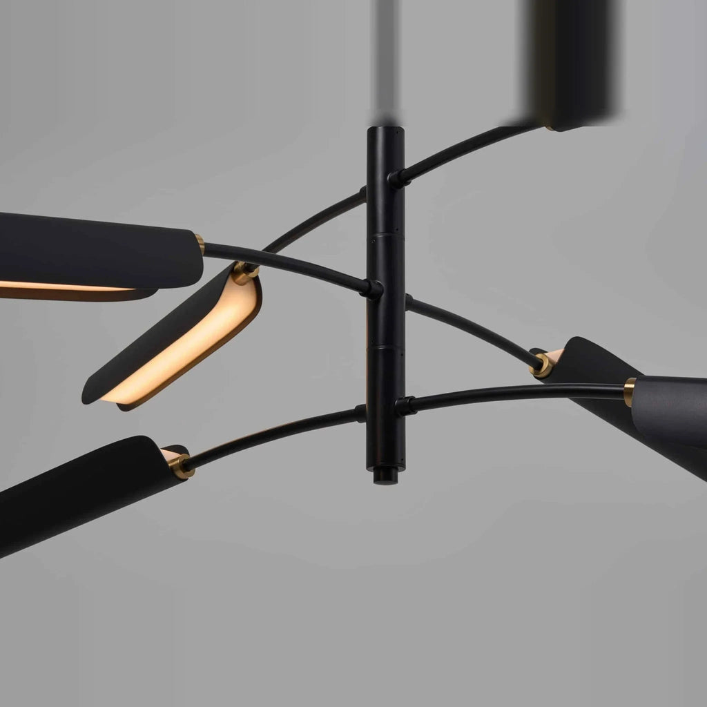 Curved shade six-arm LED pendant, close-up of the shades