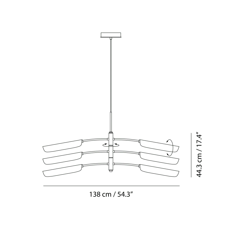 Curved shade six-arm LED pendant, with measurements