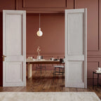 Cylinder pendant with matt white globe bulb, chalk, in a hallway with open doors