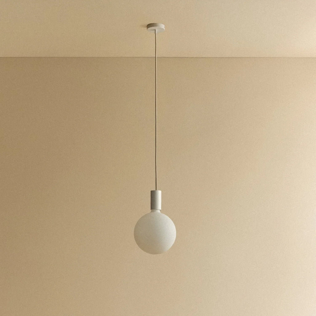 Cylinder pendant with matt white globe bulb, chalk, unlit