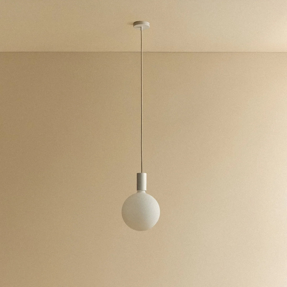 Cylinder pendant with matt white globe bulb, chalk, unlit