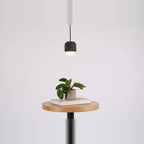 Dark concrete and glass mini pendant, above a round side table