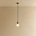 Dim-to-warm globe pendant, walnut, lit, against a plain wall