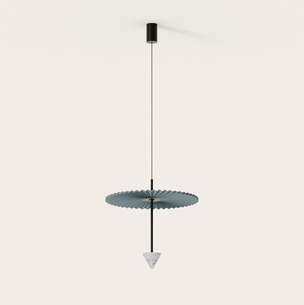 Disc and marble cone LED pendant, with a patterned pleated disc