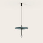 Disc and marble cone LED pendant, with a patterned pleated disc