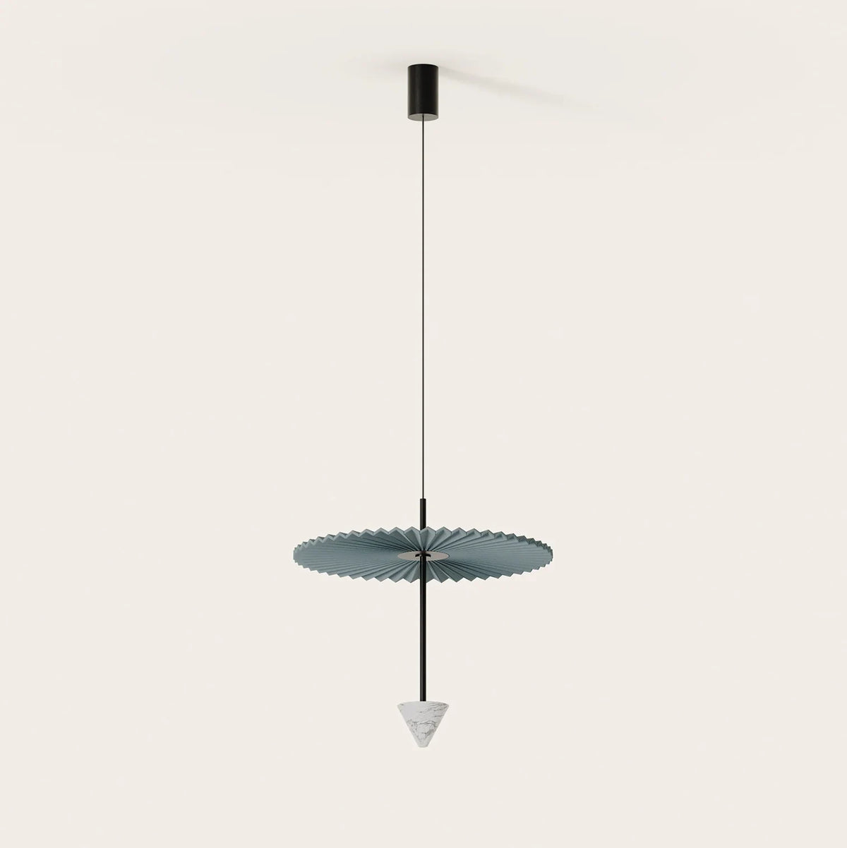Disc and marble cone LED pendant, with a patterned pleated disc