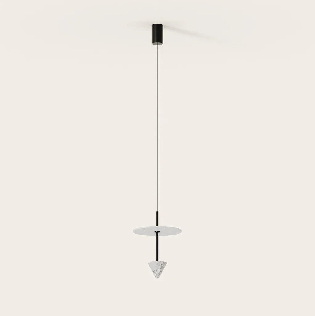 Disc and marble cone LED pendant, with a white disc