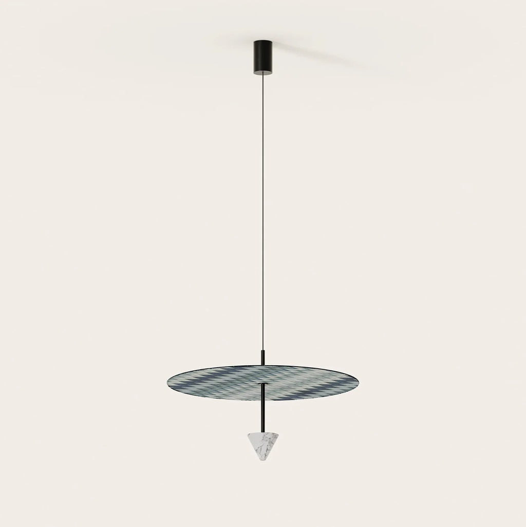 Disc and marble cone LED pendant, with a striped pleated disc