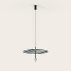 Disc and marble cone LED pendant, with a striped pleated disc
