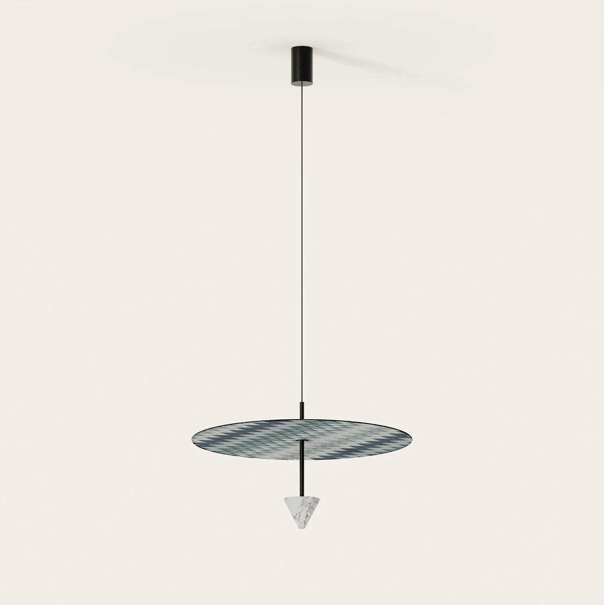 Disc and marble cone LED pendant, with a striped pleated disc